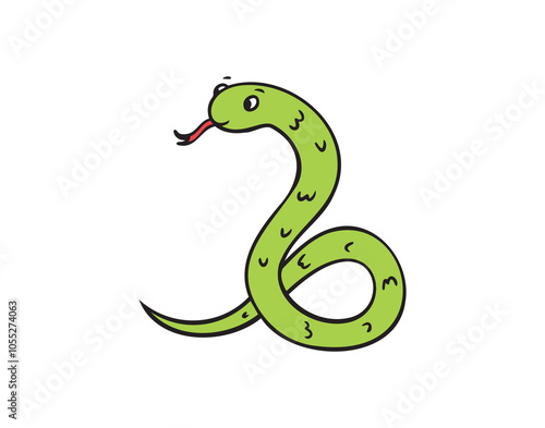 Hand drawn cute cartoon color green, outline simple snake. Kind doodle snake smile isolated on white background.