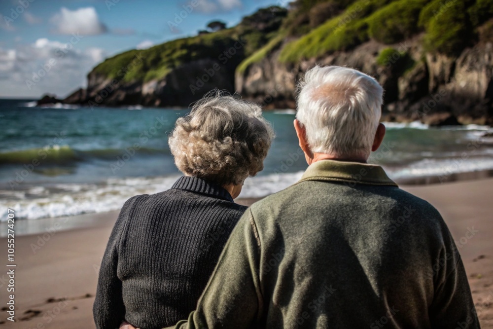 Fototapeta premium An elderly couple is sitting hugging on the seashore, view from the back.