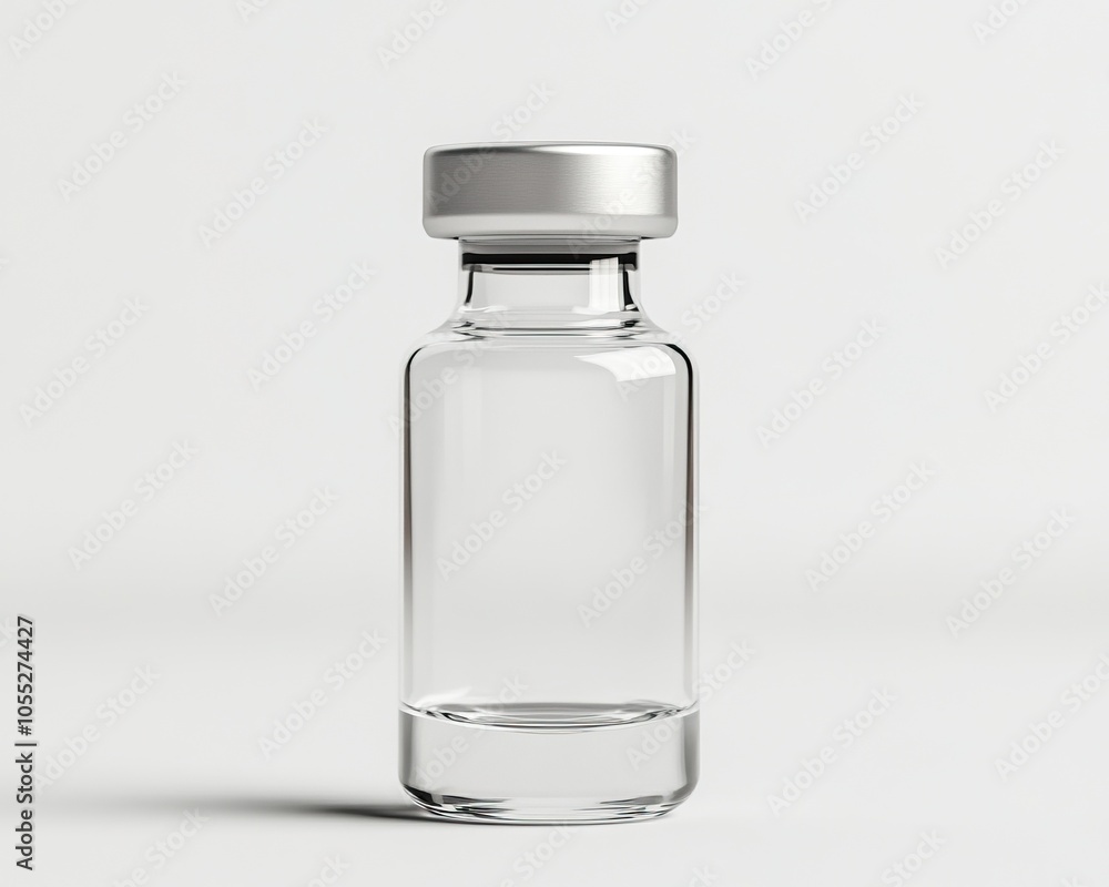 A clear, glass vial with a silver cap, typically used for storing liquids, medications, or vaccines in a sterile environment. A clear, glass vial with a silver cap, typically used for storing liquids, medications, or vaccines in a sterile environment.