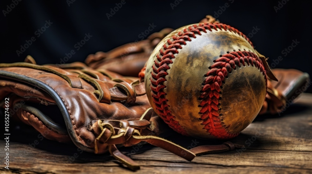 Naklejka premium Baseball Glove and Ball on Wood