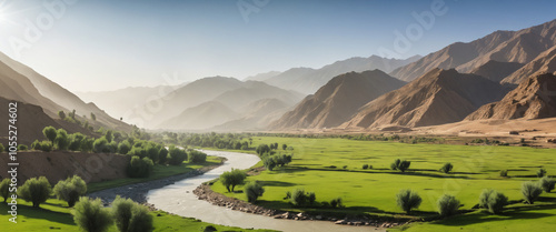 A serene and picturesque landscape of the Tagab Valley in Kapisa Province, Afghanistan, with rolling hills of emerald green, a gentle mist veiling the terrain. photo