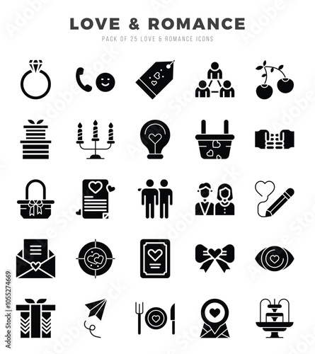 Vector icons set of Love & Romance. Glyph style Icons.