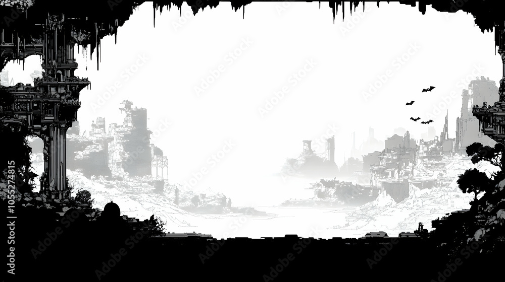 Obraz premium Post-Apocalyptic Landscape with Bats, post apocalyptic, dystopian, ruins, abandoned city, cityscape