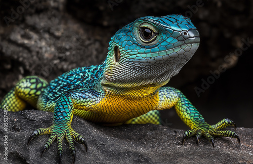 Photograph of a green and blue lizard, with a yellow belly and black eyes photo