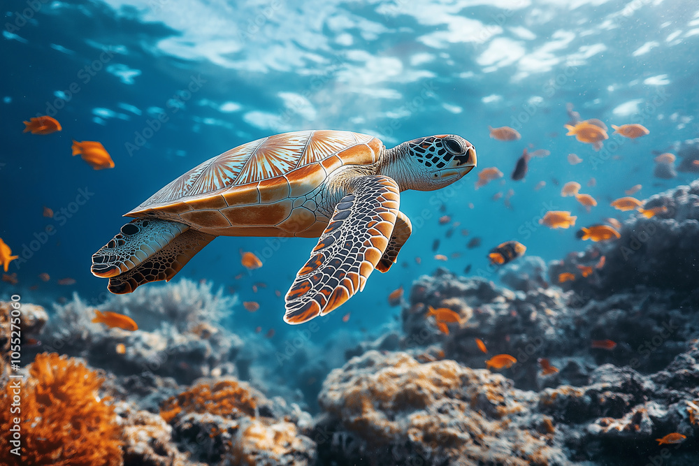 A sea turtle glides gracefully above the vibrant coral reef, surrounded by colorful fish and marine life A sea turtle glides gracefully above the vibrant coral reef, surrounded by colorful fish and marine life