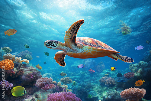 A sea turtle glides gracefully above the vibrant coral reef, surrounded by colorful fish and marine life photo