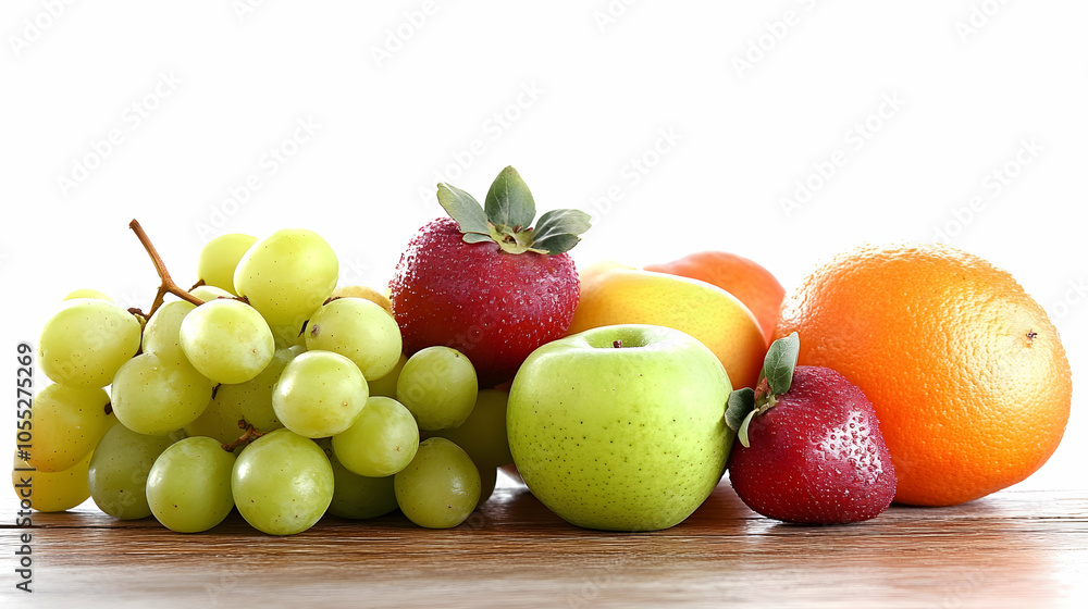 Fresh Fruit Arrangement on Wooden Table, fruits, grapes, green grapes, apple, green apple Fresh Fruit Arrangement on Wooden Table, fruits, grapes, green grapes, apple, green apple