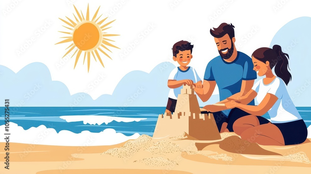 Family building a sandcastle at the beach, sun shining brightly, ocean waves in the background Family building a sandcastle at the beach, sun shining brightly, ocean waves in the background