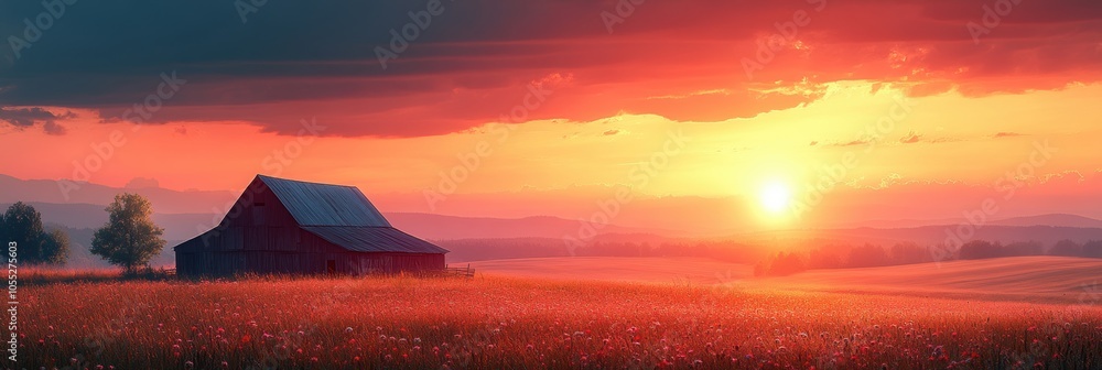 Twilight Serenity over Rural Landscape, glowing sky, barn silhouette against vibrant fields, tranquil evening ambiance, expansive view Twilight Serenity over Rural Landscape, glowing sky, barn silhouette against vibrant fields, tranquil evening ambiance, expansive view
