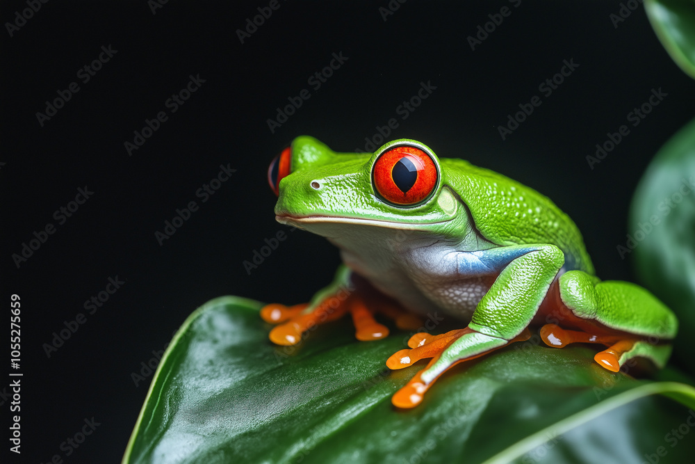 Fototapeta premium Close-up of a red-eyed tree frog on a tropical plant leaf