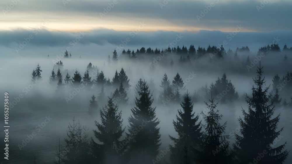 Fototapeta premium dense fog pine forest early morning trees mist eerie dreamlike atmosphere landscape