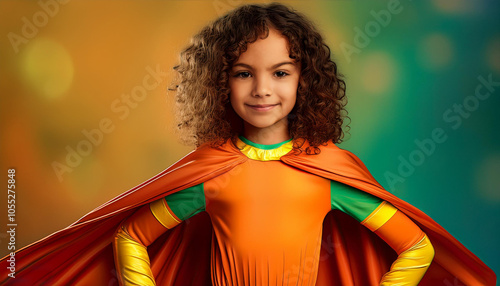 Niña de pelo rizado valiente y con súperpoderes. Vestida de súper héroe con capa.