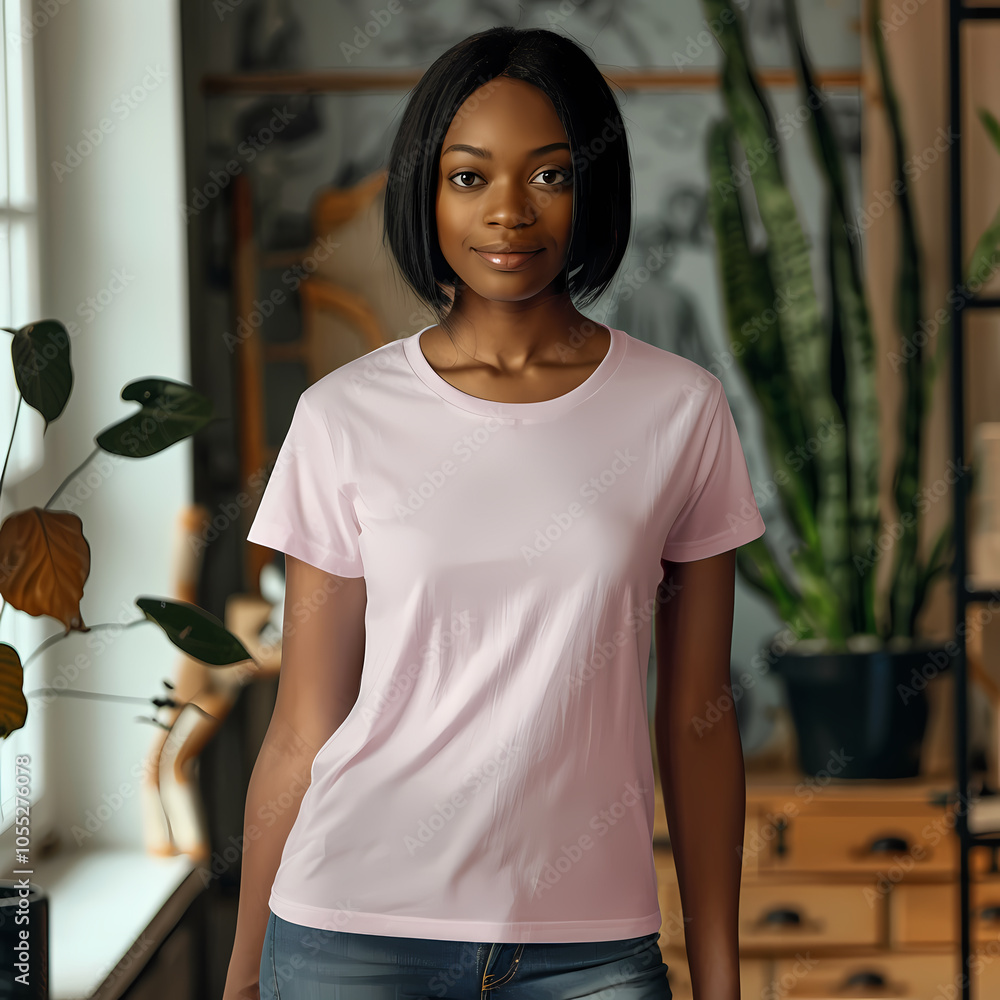 Young Black woman wearing a pink t-shirt, smiling warmly in a bright, plant-filled room. Young Black woman wearing a pink t-shirt, smiling warmly in a bright, plant-filled room.