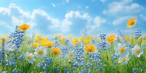 Vibrant Meadow with Beautiful Wildflowers Under Blue Sky