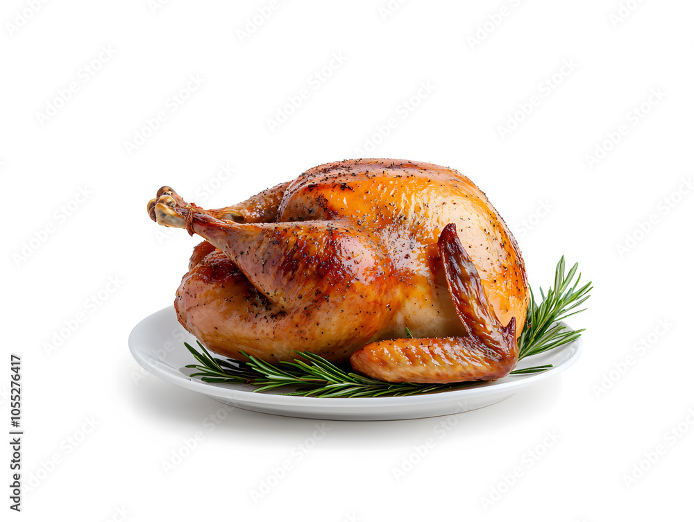 Roasted turkey on a plate, isolated on white background Roasted turkey on a plate, isolated on white background