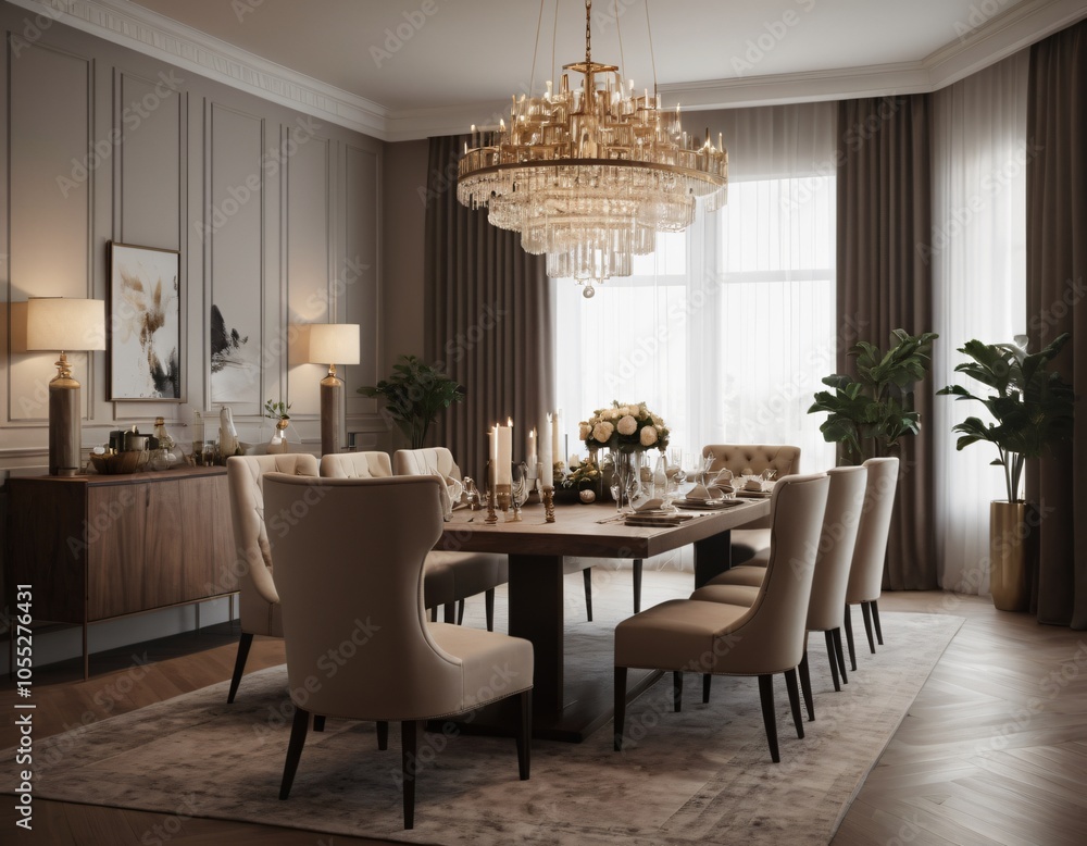 a high-quality 3D render of an elegant dining area, emphasizing sophistication and comfort. Incorporate a stylish dining table, comfortable chairs, and a statement chandelier. a high-quality 3D render of an elegant dining area, emphasizing sophistication and comfort. Incorporate a stylish dining table, comfortable chairs, and a statement chandelier.
