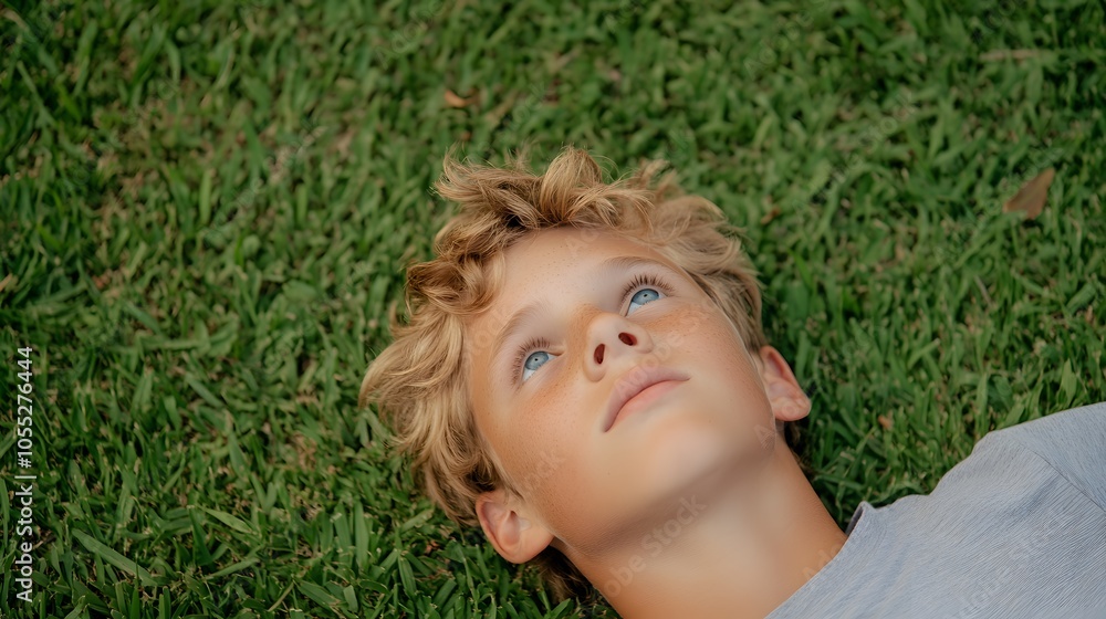 boy with sandy blonde hair and blue eyes laying in the grass looking up at the sky, Generative AI boy with sandy blonde hair and blue eyes laying in the grass looking up at the sky, Generative AI