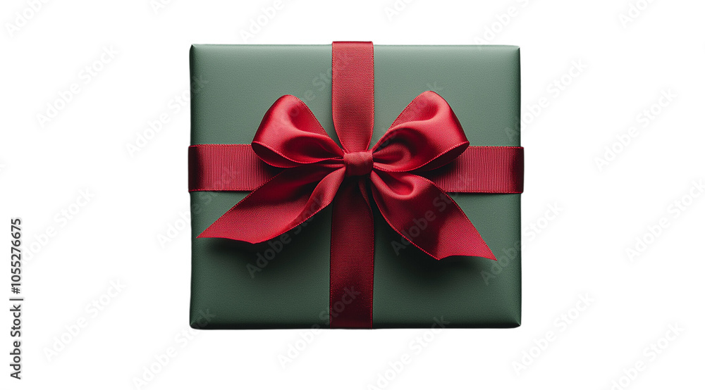 Dark green gift box with red bow top view, created with Generative AI technology, PNG Dark green gift box with red bow top view, created with Generative AI technology, PNG