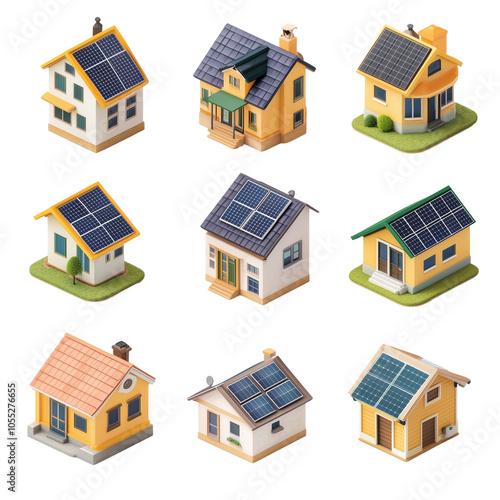 A set of icons with solar panels on the roof, cartoon-style houses in an isometric view, transparent background
