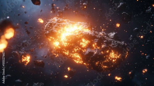 A glowing asteroid speeding toward Earth, captured mid-collision in a detailed 3D rendering, showing the devastation of the impact.