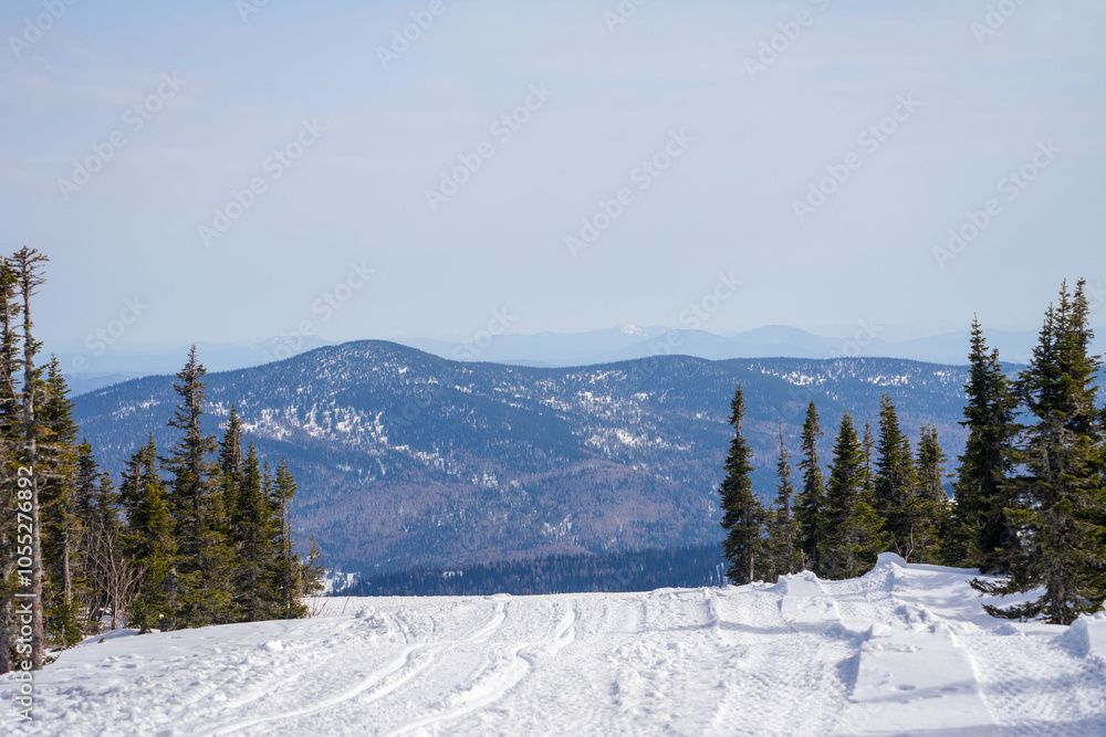 horizontal panorama of snowy mountains at ski resort horizontal panorama of snowy mountains at ski resort