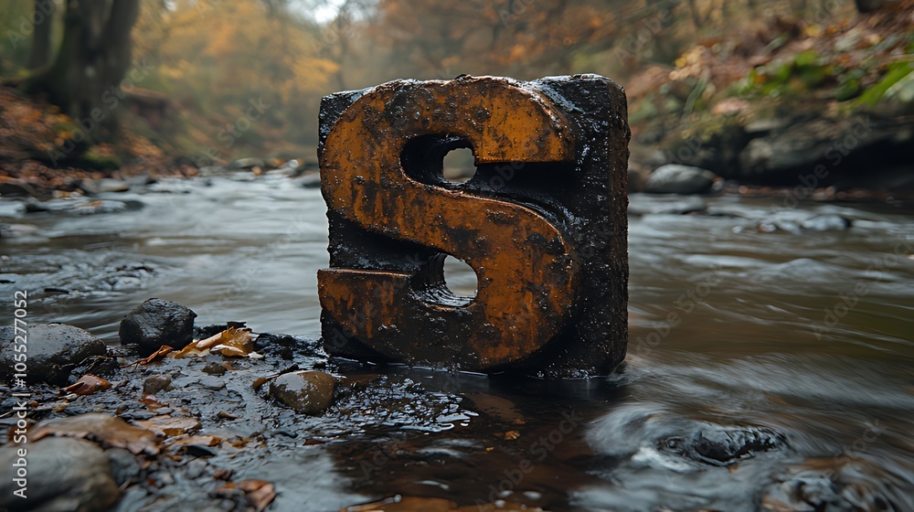 Fototapeta premium A rusty metal letter S sits in a shallow stream of water in a forest. The letter is partially submerged in the water and surrounded by rocks and leaves. The background is blurred.