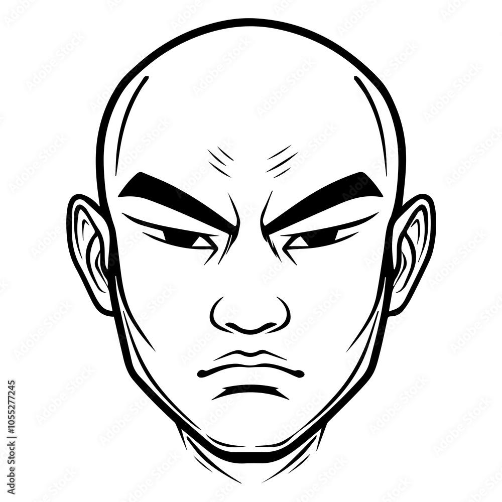 Vector illustration of an Asian man with an angry expression and squinting eyes in black and white Vector illustration of an Asian man with an angry expression and squinting eyes in black and white