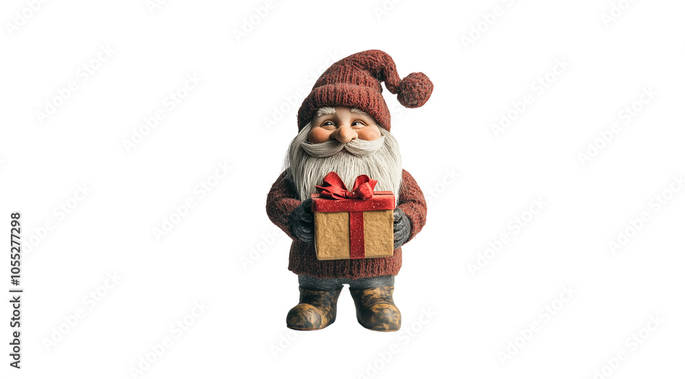 Full-length smiling gnome in a red hat and sweater holding a gift box in his hands, created with Generative AI technology, PNG Full-length smiling gnome in a red hat and sweater holding a gift box in his hands, created with Generative AI technology, PNG