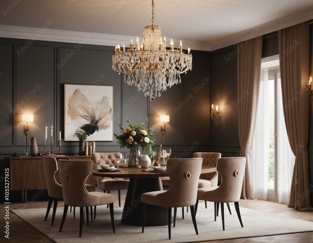 a high-quality 3D render of an elegant dining area, emphasizing sophistication and comfort. Incorporate a stylish dining table, comfortable chairs, and a statement chandelier. a high-quality 3D render of an elegant dining area, emphasizing sophistication and comfort. Incorporate a stylish dining table, comfortable chairs, and a statement chandelier.