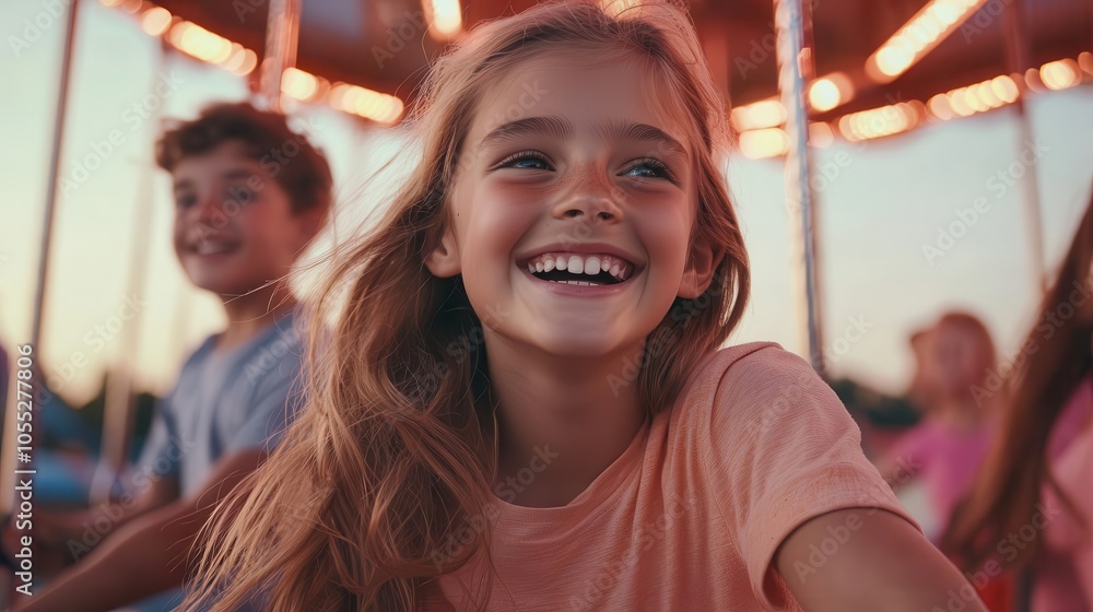 Kids enjoying a carousel ride at a carnival, bright lights, spinning joyfully in colorful motion Kids enjoying a carousel ride at a carnival, bright lights, spinning joyfully in colorful motion