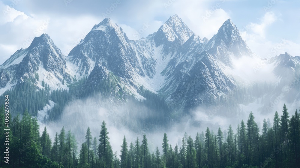 Misty Mountain Range with Evergreen Forest Misty Mountain Range with Evergreen Forest
