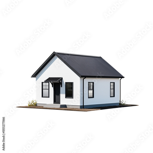 A simple, small, modern house with a black roof, transparent background