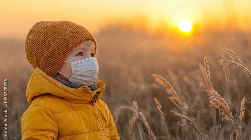 Child wearing mask and orange beanie, looking at sunset in a field. Child wearing mask and orange beanie, looking at sunset in a field.
