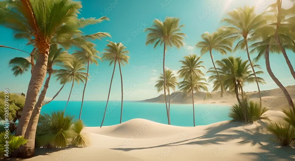 Tranquil oasis with turquoise water palm trees and sand dunes evokes peace and escape 4K Tranquil oasis with turquoise water palm trees and sand dunes evokes peace and escape 4K
