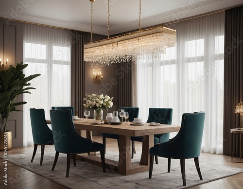 a high-quality 3D render of an elegant dining area, emphasizing sophistication and comfort. Incorporate a stylish dining table, comfortable chairs, and a statement chandelier.