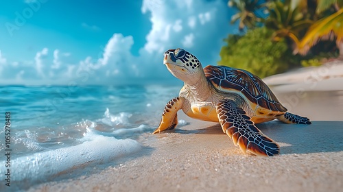 A sea turtle walks on a sandy beach towards the ocean, with palm trees and a blue sky with white clouds in the background.