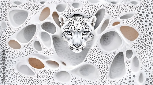 This captivating stock photo features a kaleidoscope of animalthemed patterns, highlighting the snow leopards fur in a mesmerizing display of icy elegance photo