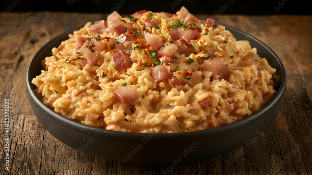 Creamy Rice Dish with Bacon and Vegetables, parsley, paprika, crispy bacon, cooked rice, bowl Creamy Rice Dish with Bacon and Vegetables, parsley, paprika, crispy bacon, cooked rice, bowl