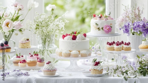 A beautiful display of cakes and cupcakes adorned with fresh flowers and berries, perfect for weddings or celebrations.