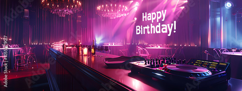 A vibrant nightlife scene featuring a DJ setup with colorful lights, perfect for a birthday celebration.
