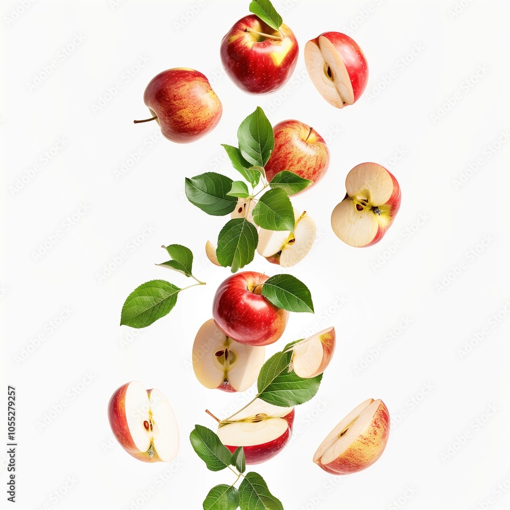 Apples with half slices falling or floating in the air with green leaves isolated on a white background, Fresh organic fruit with high vitamins and minerals Apples with half slices falling or floating in the air with green leaves isolated on a white background, Fresh organic fruit with high vitamins and minerals