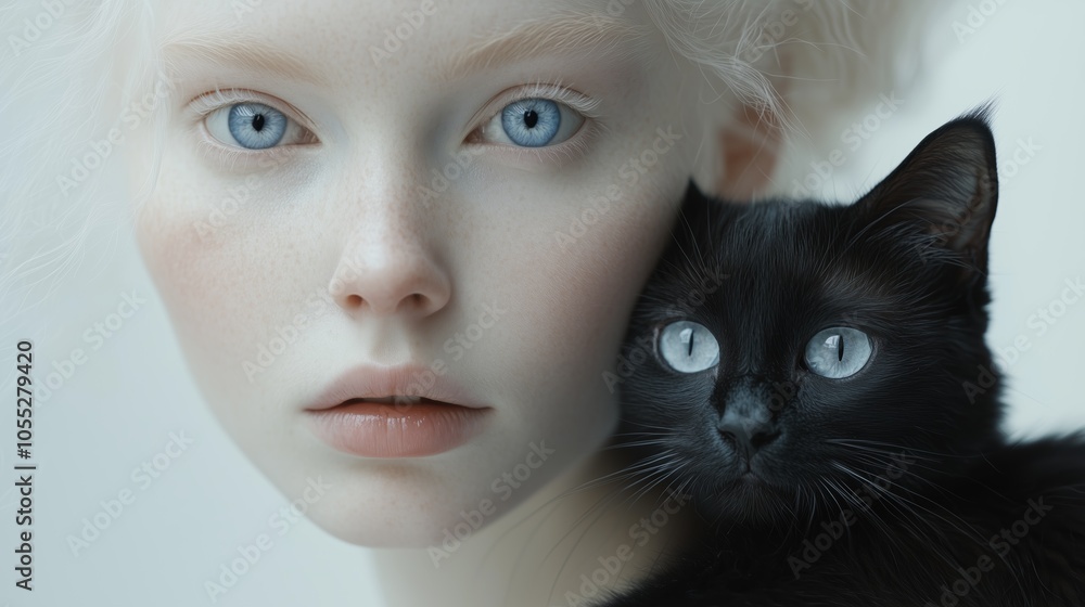 Striking close-up portrait featuring a girl and black cat with mesmerizing blue eyes, showcasing an ethereal and enchanting vibe. Striking close-up portrait featuring a girl and black cat with mesmerizing blue eyes, showcasing an ethereal and enchanting vibe.
