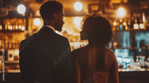 A sophisticated couple shares an intimate moment in a dimly lit, cozy bar setting, creating a warm and romantic atmosphere.