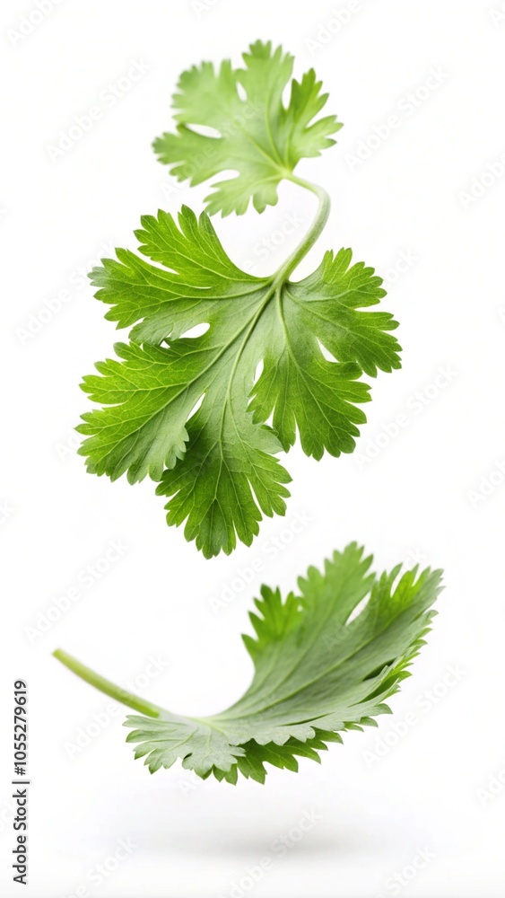 Falling parsley leaves, isolated on a white background. Falling parsley leaves, isolated on a white background.