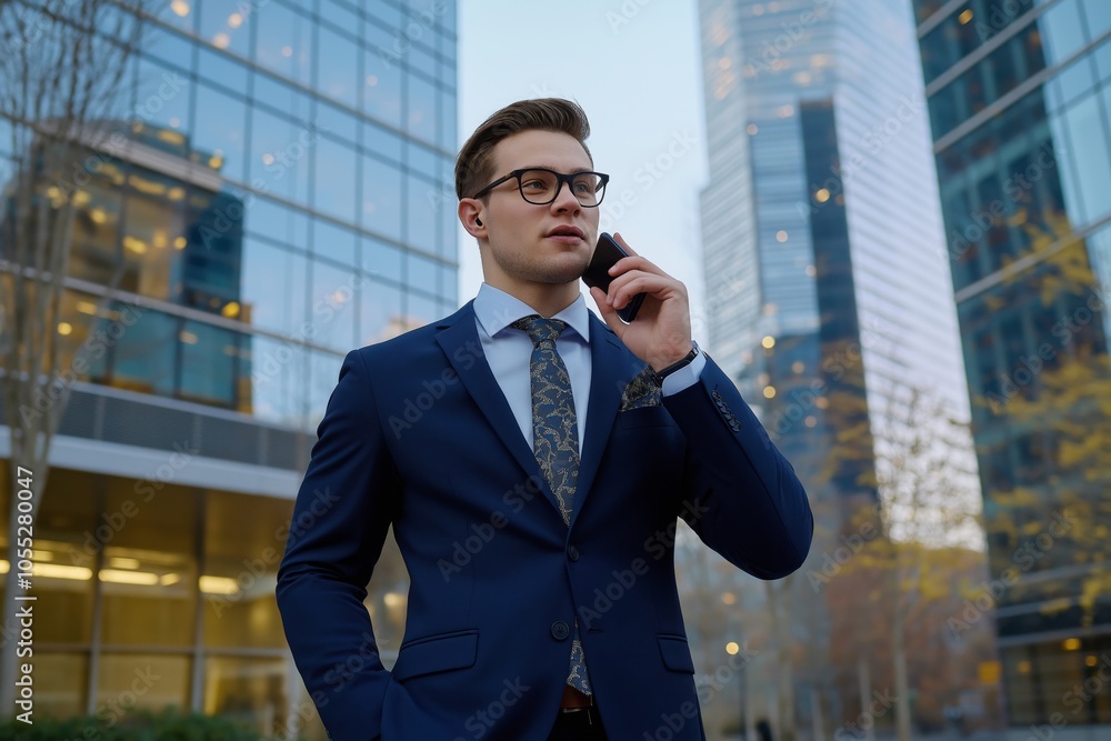 Confident Young Businessman in Blue Suit Talks on Phone Amidst Modern City Skyscrapers at Dusk Confident Young Businessman in Blue Suit Talks on Phone Amidst Modern City Skyscrapers at Dusk