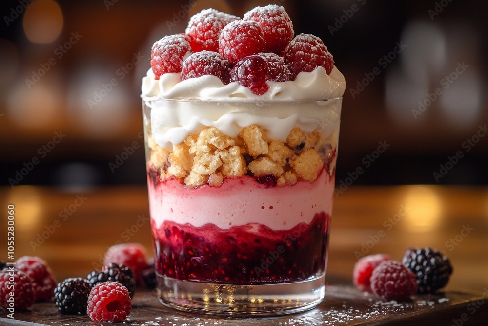 A layered berry dessert in a glass, topped with white cream. Space for text at the top. A layered berry dessert in a glass, topped with white cream. Space for text at the top.