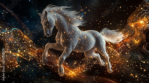 This mesmerizing stock photo showcases a galloping horse in graceful motion, its sleek coat transforming into an enchanting array of cosmicthemed imagery photo