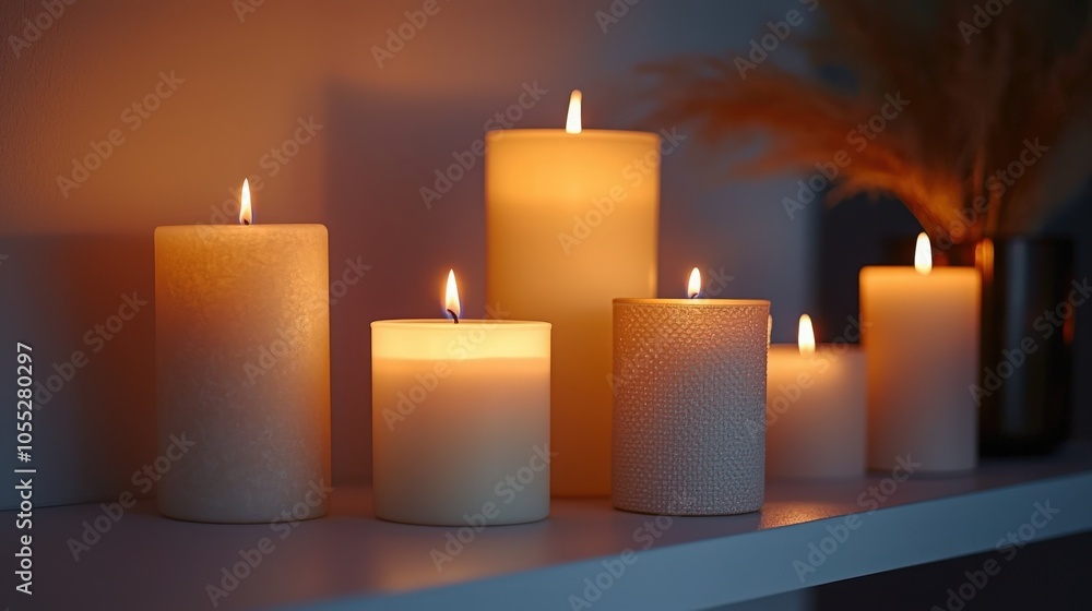 Softly glowing candles on a shelf creating a warm ambiance in a modern living space Softly glowing candles on a shelf creating a warm ambiance in a modern living space