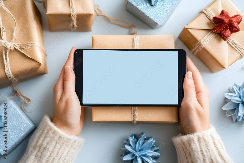 A cozy scene featuring hands holding a tablet surrounded by beautifully wrapped gifts, perfect for holiday gifting ideas. A cozy scene featuring hands holding a tablet surrounded by beautifully wrapped gifts, perfect for holiday gifting ideas.