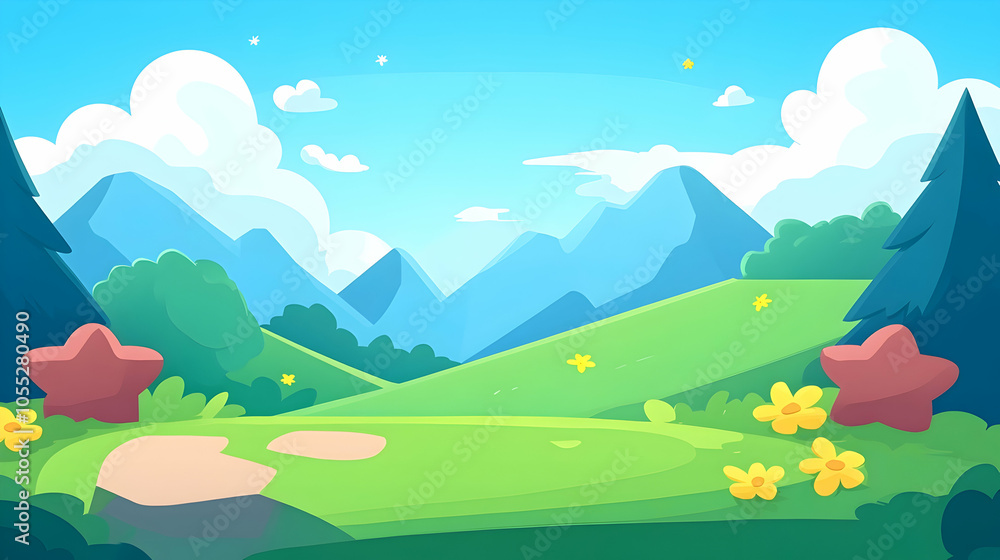 Cartoon Mountain Landscape with Green Grass and Flowers, sky, clouds, blue, trees, nature Cartoon Mountain Landscape with Green Grass and Flowers, sky, clouds, blue, trees, nature